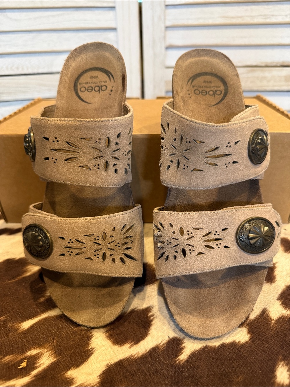 Abeo Poppy Tan Suede Double-Strap Slide Sandals with Concho Accents